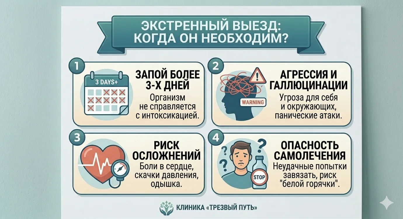 Инфографика «ЭКСТРЕННЫЙ ВЫВОД ИЗ ЗАПОЯ — КОГДА ОН НЕОБХОДИМ?». Содержит 4 информационных блока: 1. Запой более 3-х дней (интоксикация); 2. Агрессия и галлюцинации (угроза окружающим); 3. Риск осложнений (боли в сердце, одышка); 4. Опасность самолечения (риск развития «белой горячки»). Выполнено в бирюзово-синей гамме клиники «Трезвый Путь».
