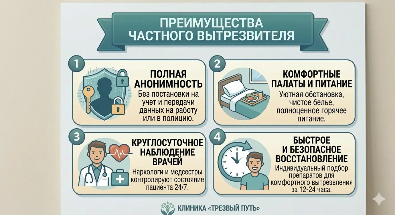 Преимущества частного вытрезвителя: анонимность, отсутствие учета, круглосуточное наблюдение врачей и комфортные палаты.