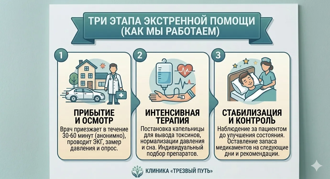 Инфографика «ТРИ ЭТАПА ЭКСТРЕННОЙ ПОМОЩИ (КАК МЫ РАБОТАЕМ)». Изображены три шага: 1. Прибытие и осмотр (врач у дома, снятие ЭКГ); 2. Интенсивная терапия (постановка капельницы для вывода токсинов); 3. Стабилизация и контроль (наблюдение до улучшения и выдача медикаментов). Фирменный стиль клиники «Трезвый Путь».