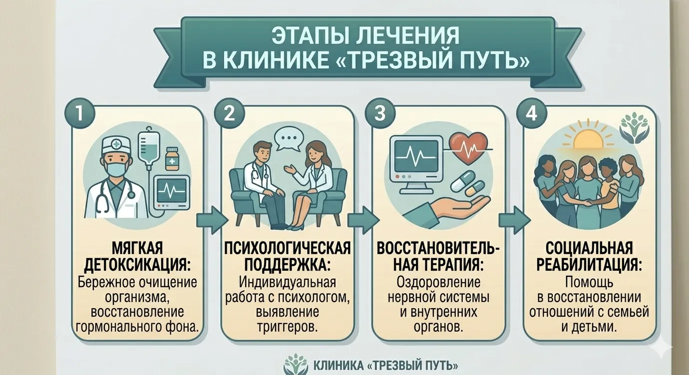 Инфографика: Особенности и этапы лечения женского алкоголизма в клинике Трезвый Путь