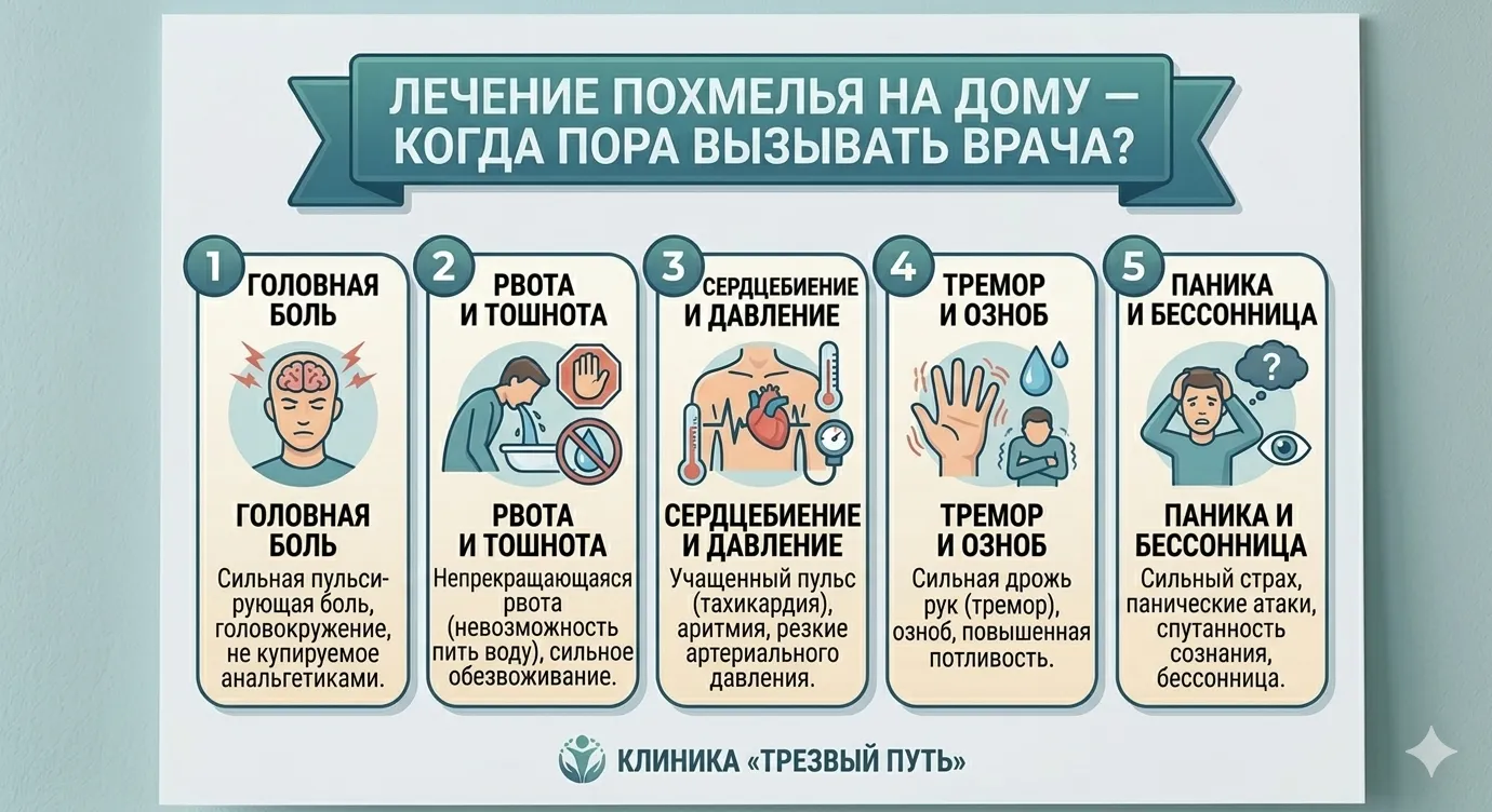 Инфографика симптомов похмелья, при которых необходим вызов нарколога: сильная головная боль, рвота, тахикардия, тремор и паника.