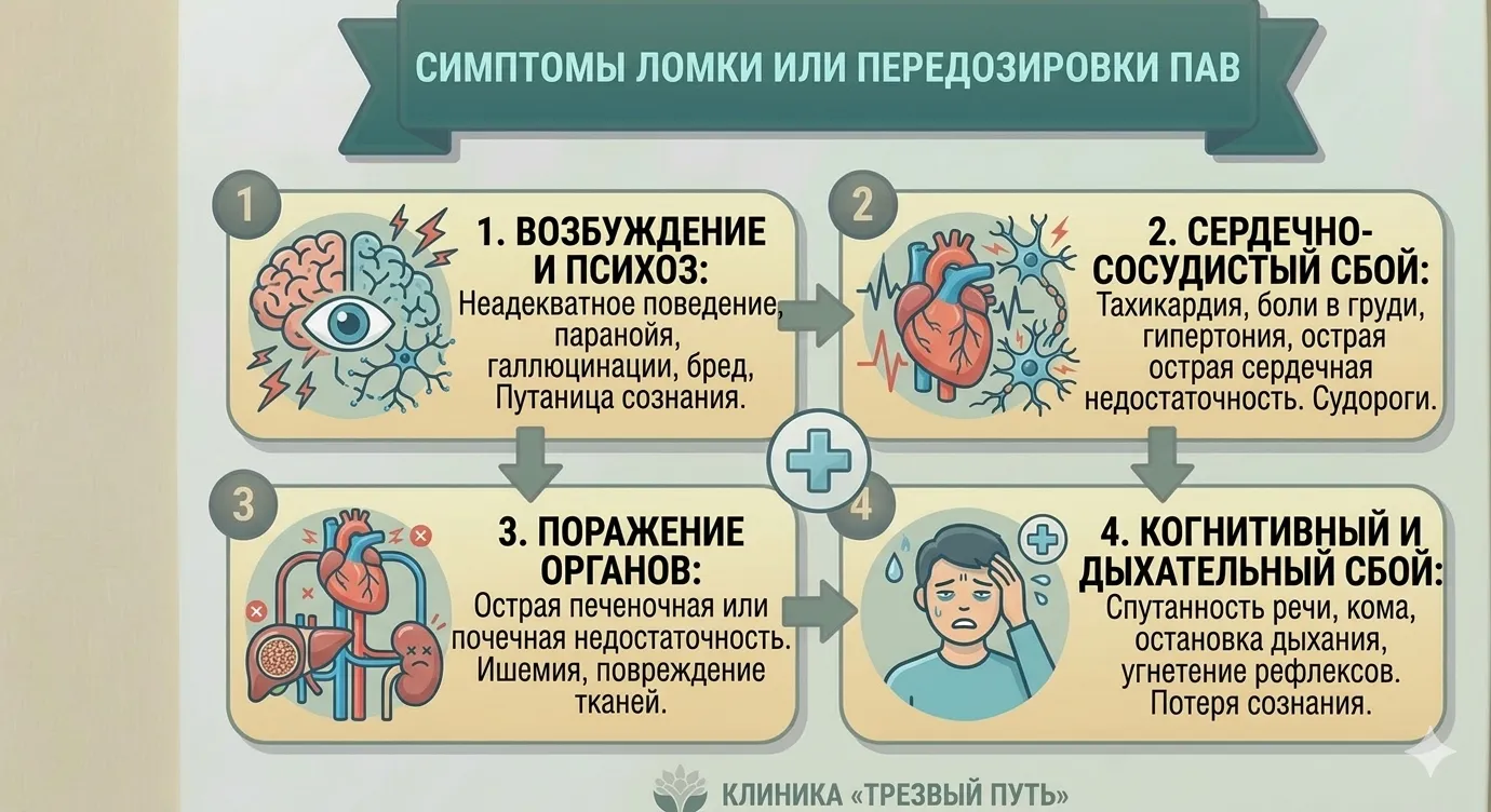 Инфографика «СИМПТОМЫ ЛОМКИ ИЛИ ПЕРЕДОЗИРОВКИ ПАВ». 4 симметричных блока: 1. Возбуждение и психоз (галлюцинации, путаница сознания); 2. Сердечно-сосудистый сбой (тахикардия, гипертония); 3. Поражение органов (печеночная и почечная недостаточность); 4. Когнитивный и дыхательный сбой (остановка дыхания, потеря сознания). Оформление в стиле клиники «Трезвый Путь», соблюдена строгая геометрия и полная видимость нижней подписи.